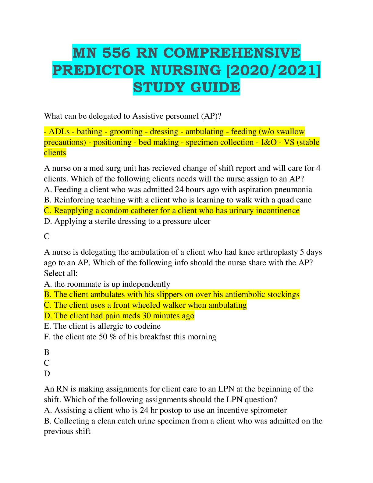 MN 556 RN COMPREHENSIVE PREDICTOR NURSING [2020/2021] STUDY GUIDE